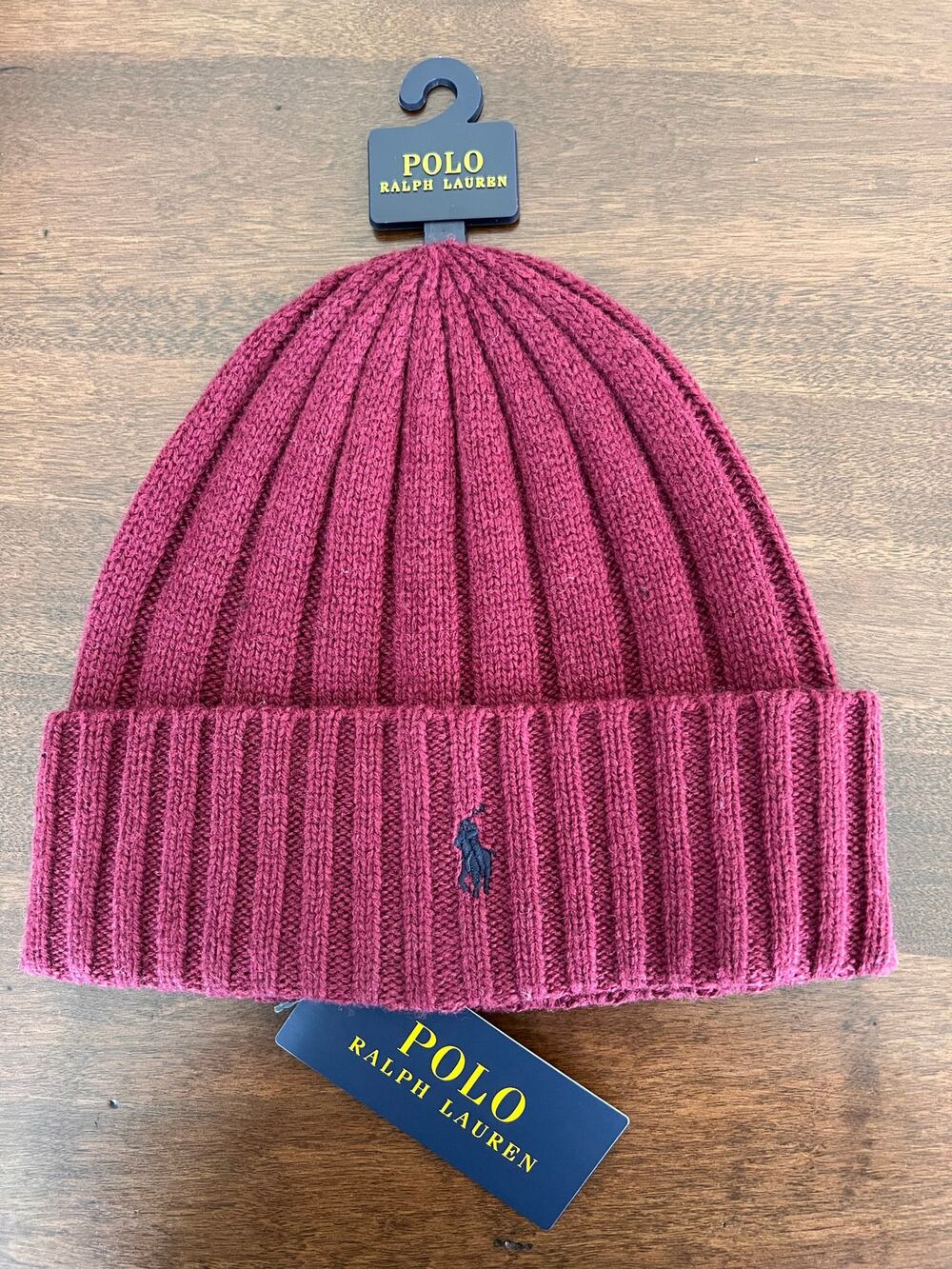 Polo Ralph Lauren Beanie Mens Burgundy Navy Pony Wool Blend Rib Knit Cuffed NEW